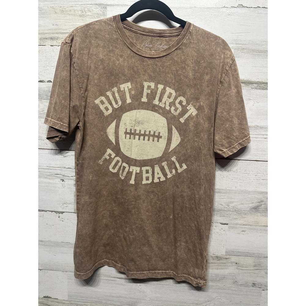 Lotus Fashion Graphic Tee Women Medium Brown But First Football EUC